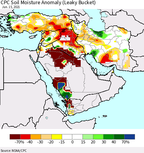Middle East and Turkey CPC Soil Moisture Anomaly (Leaky Bucket) Thematic Map For 6/11/2021 - 6/15/2021