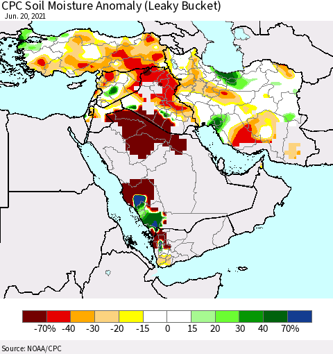 Middle East and Turkey CPC Soil Moisture Anomaly (Leaky Bucket) Thematic Map For 6/16/2021 - 6/20/2021