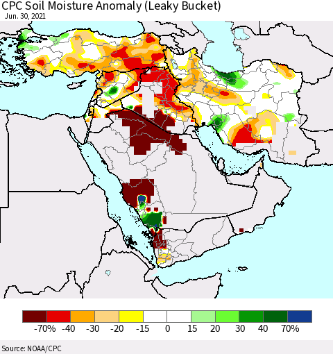 Middle East and Turkey CPC Soil Moisture Anomaly (Leaky Bucket) Thematic Map For 6/26/2021 - 6/30/2021
