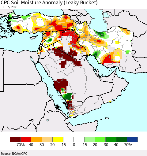 Middle East and Turkey CPC Soil Moisture Anomaly (Leaky Bucket) Thematic Map For 7/1/2021 - 7/5/2021