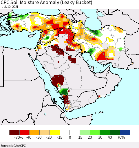 Middle East and Turkey CPC Soil Moisture Anomaly (Leaky Bucket) Thematic Map For 7/6/2021 - 7/10/2021