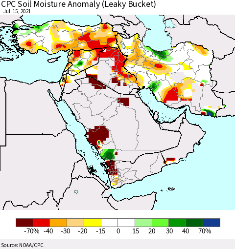 Middle East and Turkey CPC Soil Moisture Anomaly (Leaky Bucket) Thematic Map For 7/11/2021 - 7/15/2021