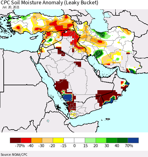 Middle East and Turkey CPC Soil Moisture Anomaly (Leaky Bucket) Thematic Map For 7/16/2021 - 7/20/2021