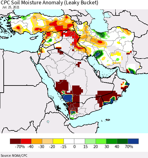 Middle East and Turkey CPC Soil Moisture Anomaly (Leaky Bucket) Thematic Map For 7/21/2021 - 7/25/2021