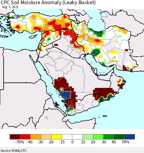 Middle East and Turkey CPC Soil Moisture Anomaly (Leaky Bucket) Thematic Map For 8/1/2021 - 8/5/2021