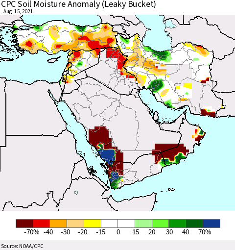 Middle East and Turkey CPC Soil Moisture Anomaly (Leaky Bucket) Thematic Map For 8/11/2021 - 8/15/2021
