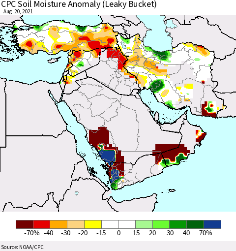 Middle East and Turkey CPC Soil Moisture Anomaly (Leaky Bucket) Thematic Map For 8/16/2021 - 8/20/2021