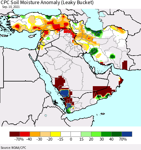 Middle East and Turkey CPC Soil Moisture Anomaly (Leaky Bucket) Thematic Map For 9/6/2021 - 9/10/2021