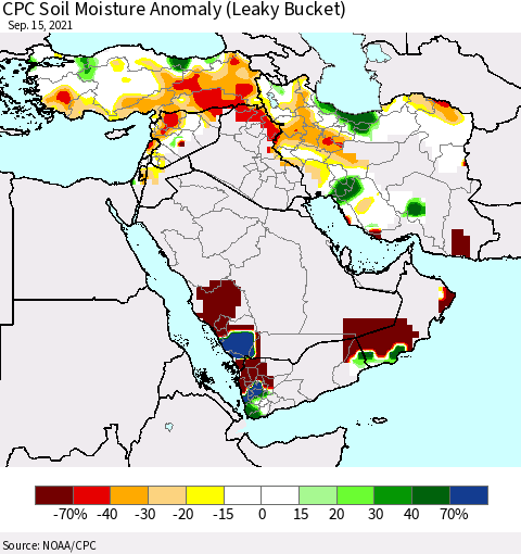 Middle East and Turkey CPC Soil Moisture Anomaly (Leaky Bucket) Thematic Map For 9/11/2021 - 9/15/2021