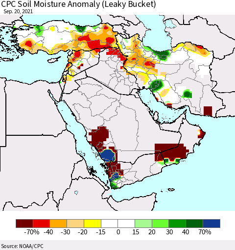 Middle East and Turkey CPC Soil Moisture Anomaly (Leaky Bucket) Thematic Map For 9/16/2021 - 9/20/2021