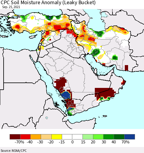 Middle East and Turkey CPC Soil Moisture Anomaly (Leaky Bucket) Thematic Map For 9/21/2021 - 9/25/2021