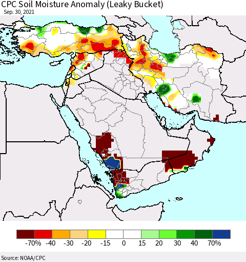 Middle East and Turkey CPC Soil Moisture Anomaly (Leaky Bucket) Thematic Map For 9/26/2021 - 9/30/2021