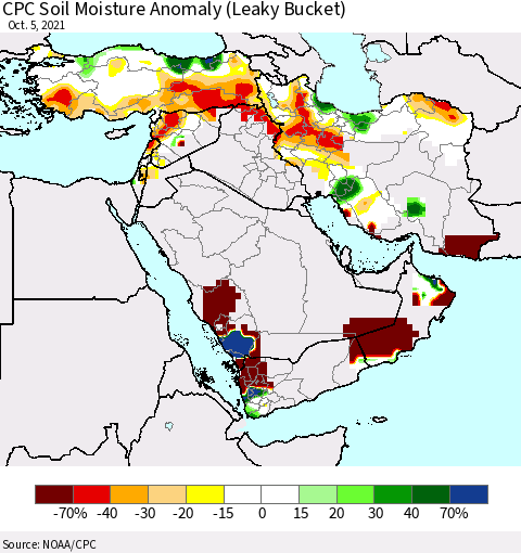 Middle East and Turkey CPC Soil Moisture Anomaly (Leaky Bucket) Thematic Map For 10/1/2021 - 10/5/2021