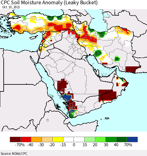 Middle East and Turkey CPC Soil Moisture Anomaly (Leaky Bucket) Thematic Map For 10/6/2021 - 10/10/2021
