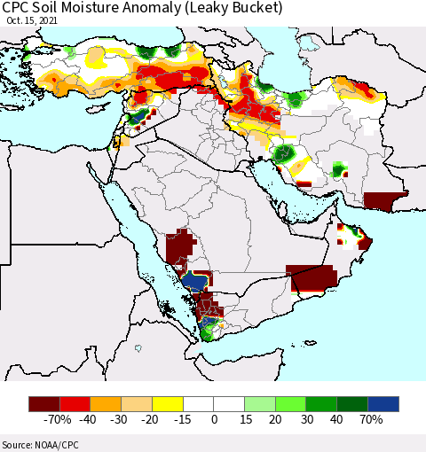 Middle East and Turkey CPC Soil Moisture Anomaly (Leaky Bucket) Thematic Map For 10/11/2021 - 10/15/2021
