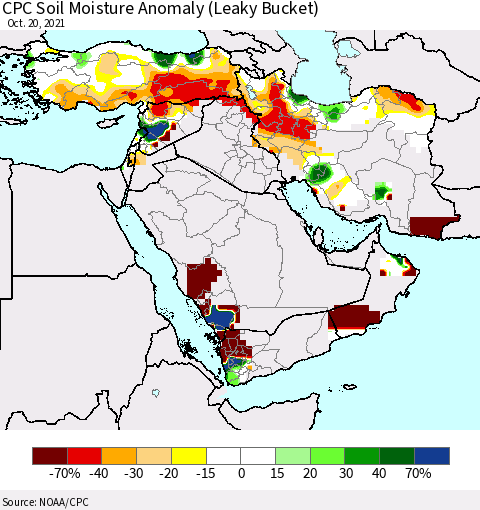 Middle East and Turkey CPC Soil Moisture Anomaly (Leaky Bucket) Thematic Map For 10/16/2021 - 10/20/2021