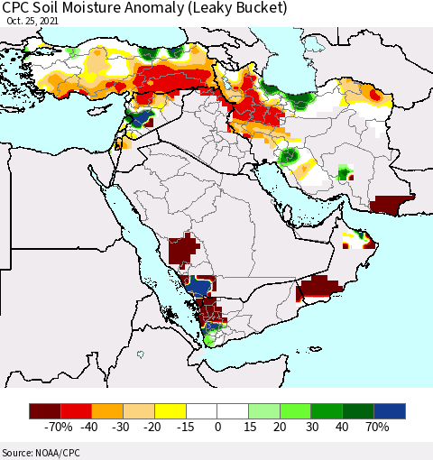 Middle East and Turkey CPC Soil Moisture Anomaly (Leaky Bucket) Thematic Map For 10/21/2021 - 10/25/2021