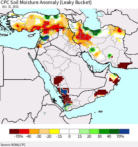 Middle East and Turkey CPC Soil Moisture Anomaly (Leaky Bucket) Thematic Map For 10/26/2021 - 10/31/2021