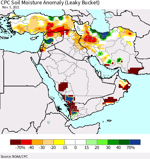 Middle East and Turkey CPC Soil Moisture Anomaly (Leaky Bucket) Thematic Map For 11/1/2021 - 11/5/2021