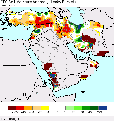 Middle East and Turkey CPC Soil Moisture Anomaly (Leaky Bucket) Thematic Map For 11/6/2021 - 11/10/2021