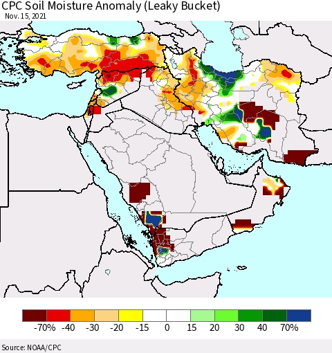 Middle East and Turkey CPC Soil Moisture Anomaly (Leaky Bucket) Thematic Map For 11/11/2021 - 11/15/2021