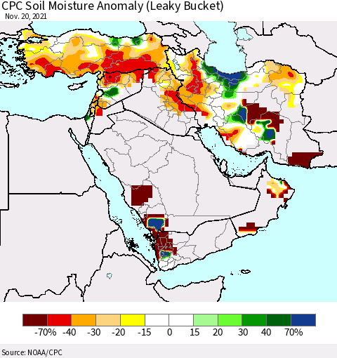 Middle East and Turkey CPC Soil Moisture Anomaly (Leaky Bucket) Thematic Map For 11/16/2021 - 11/20/2021