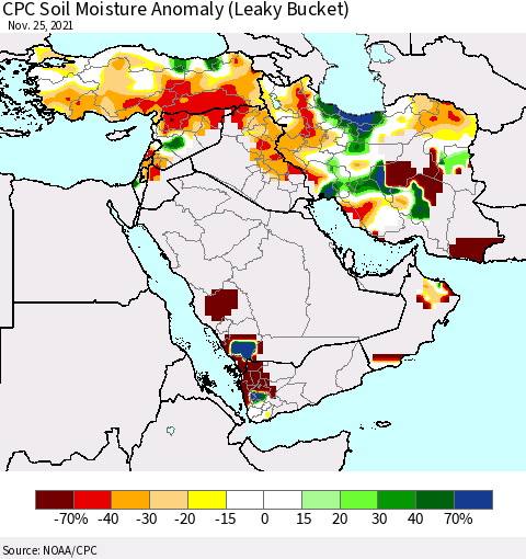 Middle East and Turkey CPC Soil Moisture Anomaly (Leaky Bucket) Thematic Map For 11/21/2021 - 11/25/2021
