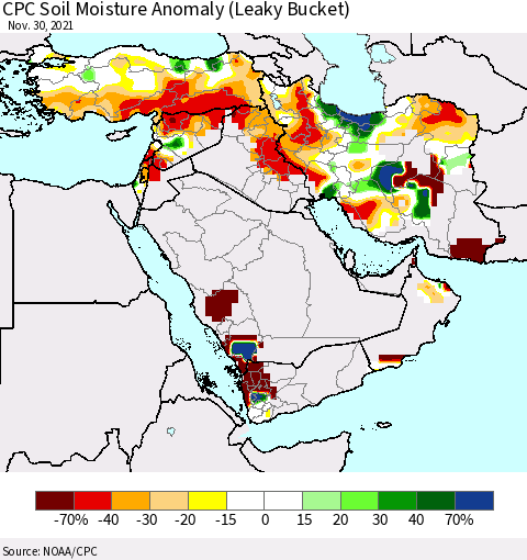 Middle East and Turkey CPC Soil Moisture Anomaly (Leaky Bucket) Thematic Map For 11/26/2021 - 11/30/2021