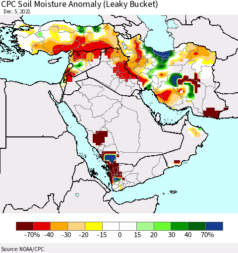 Middle East and Turkey CPC Soil Moisture Anomaly (Leaky Bucket) Thematic Map For 12/1/2021 - 12/5/2021