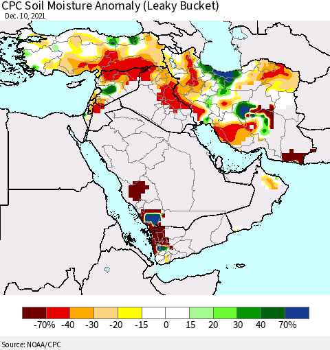 Middle East and Turkey CPC Soil Moisture Anomaly (Leaky Bucket) Thematic Map For 12/6/2021 - 12/10/2021
