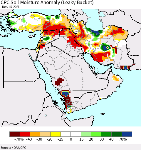 Middle East and Turkey CPC Soil Moisture Anomaly (Leaky Bucket) Thematic Map For 12/11/2021 - 12/15/2021