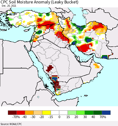 Middle East and Turkey CPC Soil Moisture Anomaly (Leaky Bucket) Thematic Map For 12/16/2021 - 12/20/2021