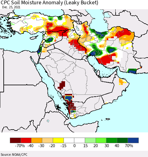 Middle East and Turkey CPC Soil Moisture Anomaly (Leaky Bucket) Thematic Map For 12/21/2021 - 12/25/2021