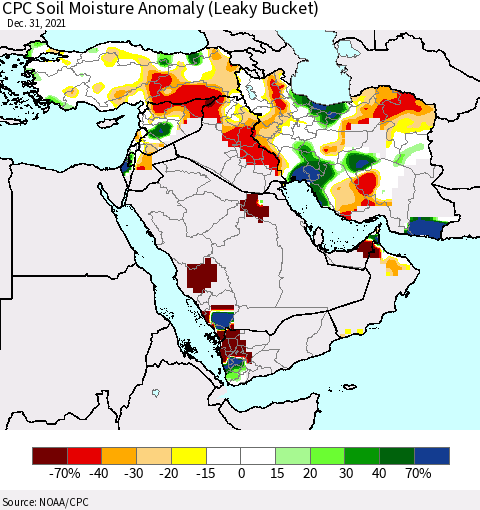 Middle East and Turkey CPC Soil Moisture Anomaly (Leaky Bucket) Thematic Map For 12/26/2021 - 12/31/2021