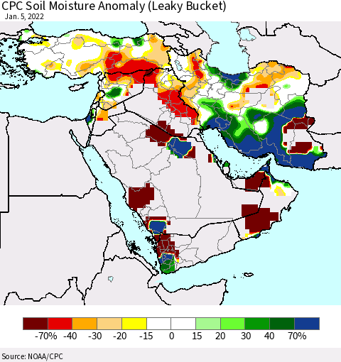 Middle East and Turkey CPC Soil Moisture Anomaly (Leaky Bucket) Thematic Map For 1/1/2022 - 1/5/2022