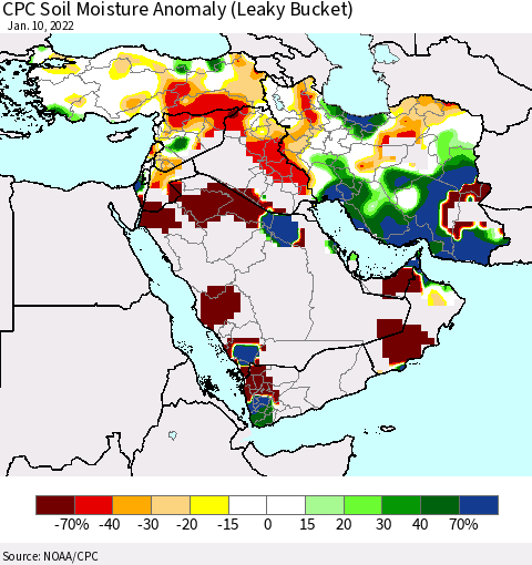 Middle East and Turkey CPC Soil Moisture Anomaly (Leaky Bucket) Thematic Map For 1/6/2022 - 1/10/2022