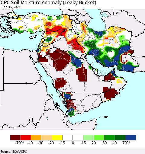 Middle East and Turkey CPC Soil Moisture Anomaly (Leaky Bucket) Thematic Map For 1/11/2022 - 1/15/2022