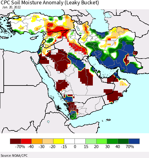Middle East and Turkey CPC Soil Moisture Anomaly (Leaky Bucket) Thematic Map For 1/16/2022 - 1/20/2022