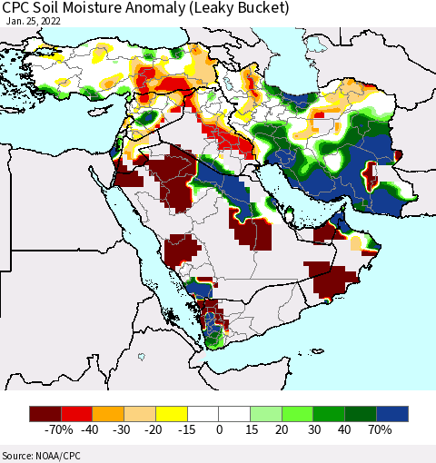 Middle East and Turkey CPC Soil Moisture Anomaly (Leaky Bucket) Thematic Map For 1/21/2022 - 1/25/2022