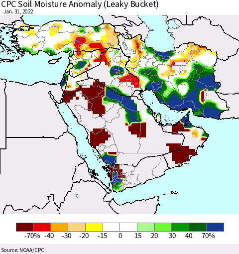 Middle East and Turkey CPC Soil Moisture Anomaly (Leaky Bucket) Thematic Map For 1/26/2022 - 1/31/2022