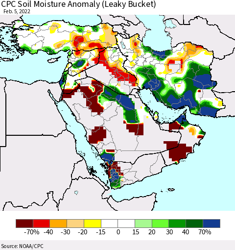 Middle East and Turkey CPC Soil Moisture Anomaly (Leaky Bucket) Thematic Map For 2/1/2022 - 2/5/2022
