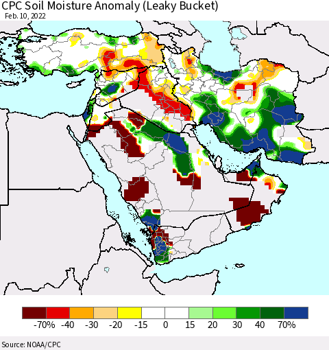 Middle East and Turkey CPC Soil Moisture Anomaly (Leaky Bucket) Thematic Map For 2/6/2022 - 2/10/2022