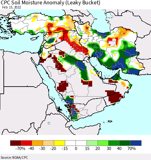 Middle East and Turkey CPC Soil Moisture Anomaly (Leaky Bucket) Thematic Map For 2/11/2022 - 2/15/2022