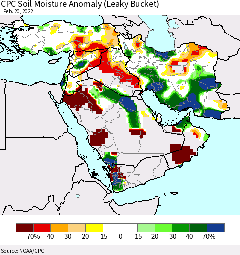 Middle East and Turkey CPC Soil Moisture Anomaly (Leaky Bucket) Thematic Map For 2/16/2022 - 2/20/2022