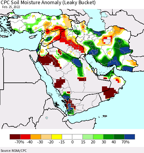 Middle East and Turkey CPC Soil Moisture Anomaly (Leaky Bucket) Thematic Map For 2/21/2022 - 2/25/2022