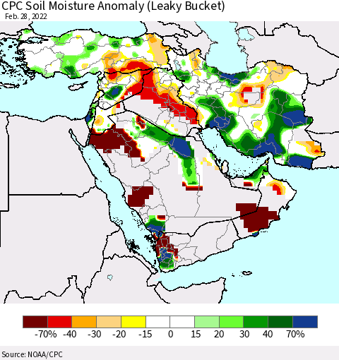 Middle East and Turkey CPC Soil Moisture Anomaly (Leaky Bucket) Thematic Map For 2/26/2022 - 2/28/2022
