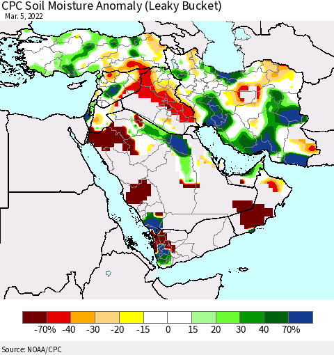 Middle East and Turkey CPC Soil Moisture Anomaly (Leaky Bucket) Thematic Map For 3/1/2022 - 3/5/2022