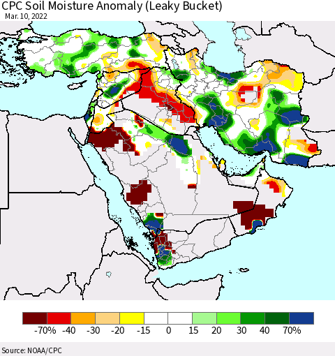 Middle East and Turkey CPC Soil Moisture Anomaly (Leaky Bucket) Thematic Map For 3/6/2022 - 3/10/2022