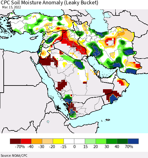 Middle East and Turkey CPC Soil Moisture Anomaly (Leaky Bucket) Thematic Map For 3/11/2022 - 3/15/2022