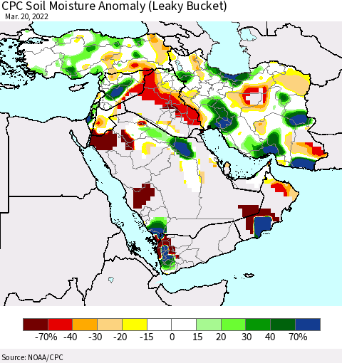Middle East and Turkey CPC Soil Moisture Anomaly (Leaky Bucket) Thematic Map For 3/16/2022 - 3/20/2022